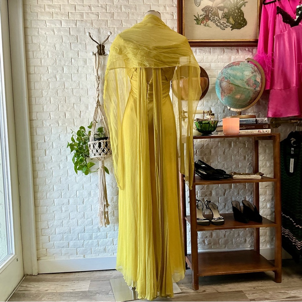 Montage by Mon Cheri Yellow Chartreuse Chiffon Flowy Gown with Shawl - Picture 8 of 14